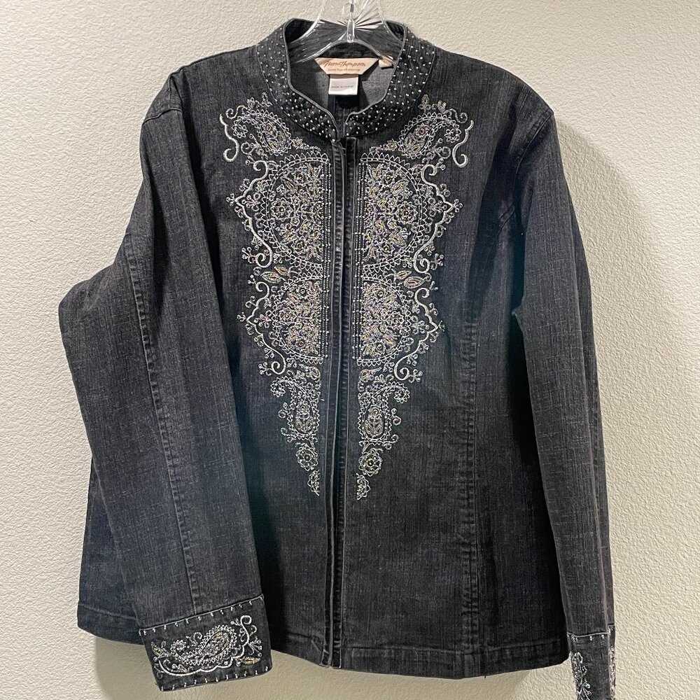 NORM THOMPSON Vintage Embroidered Embellished Denim Blazer Charcoal Women Size L